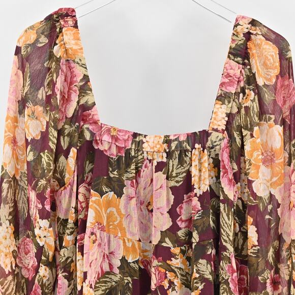 EN CREME Floral Boho Dress Size L Tiered Ruffle Balloon Sleeve Square Neck Retro - Picture 10 of 13